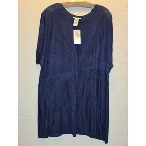 Catherines Plus Size 0X 14/16W Navy Blue Sequin Knit V-Neck Top New 1048964